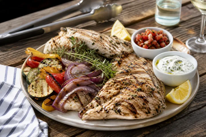 piatto con verdure grigliate, pesce, pollo e salse fresche su tavolo estivo.