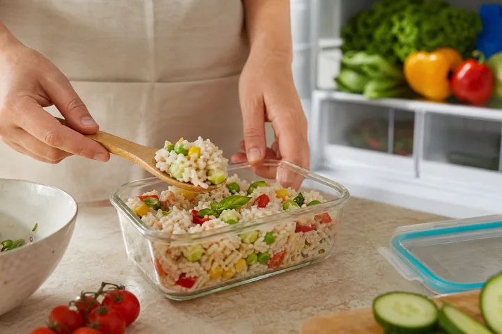 Mani che trasferiscono insalata di riso in un contenitore ermetico con frigorifero aperto sullo sfondo