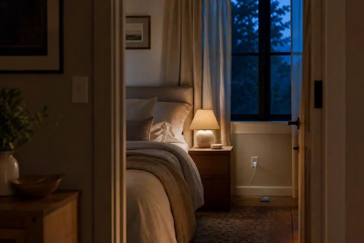 camera ordinata con lampada calda, tende semichiuse e telefono in carica lontano dal letto.