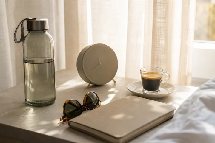 comodino luminoso con borraccia, caffè, occhiali da sole e tende filtranti in una mattina estiva.