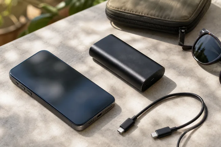 smartphone con schermo scuro accanto a power bank, cavo e occhiali da sole su un tavolo in luce naturale.