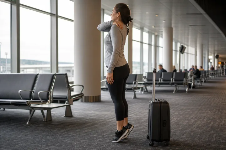 Viaggiatore in piedi accanto al bagaglio mentre fa un piccolo movimento di polpacci in aeroporto