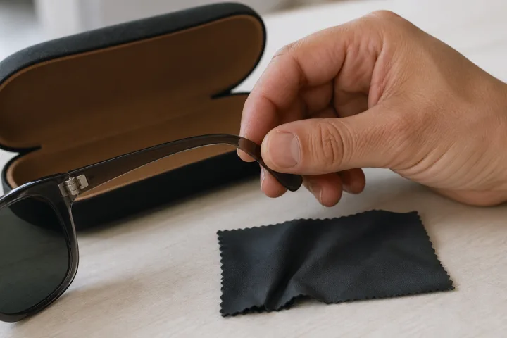 Mano controlla l'asta di occhiali da sole accanto a custodia e panno su un tavolo chiaro