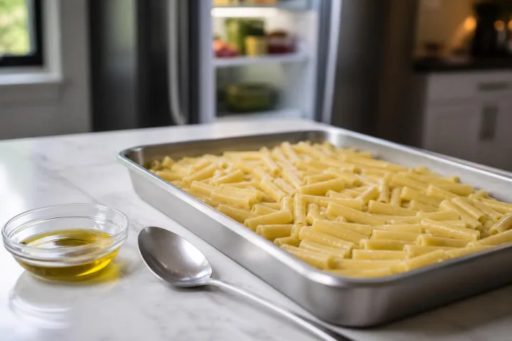 Pasta corta stesa in una teglia di acciaio vicino al frigorifero in una cucina luminosa.