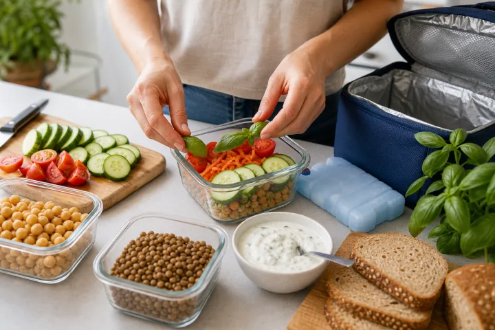mani che preparano contenitori con ceci, verdure, pane integrale e salsa yogurt su un piano cucina luminoso