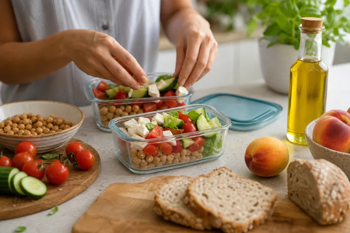 mani che preparano contenitori con legumi, pomodori, cetrioli e pane integrale su un piano cucina