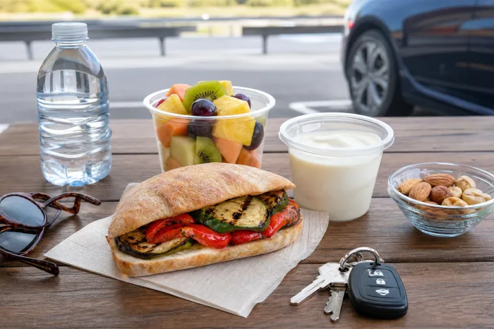 tavolo da sosta con panino alle verdure, frutta, yogurt, acqua e frutta secca senza marchi visibili.
