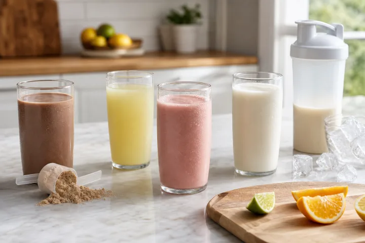bicchieri e shaker senza logo con bevande proteiche, ghiaccio, agrumi e proteine in polvere su un piano cucina.
