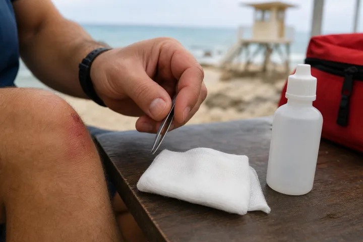 Mani che preparano garza e pinzetta su un tavolo vicino alla spiaggia per una puntura di medusa.
