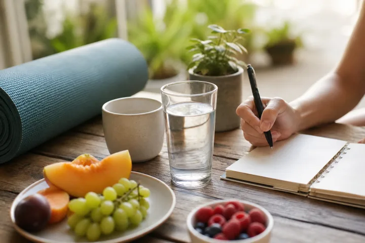 tavolo mattutino con tappetino yoga, bicchiere d'acqua, tazza neutra, frutta e quaderno aperto