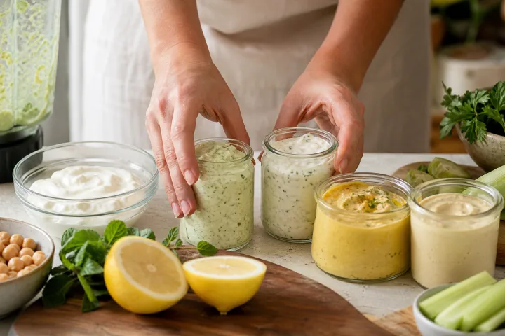 vasetti di salse fredde fatte in casa con yogurt, ceci, limone, erbe e verdure su un piano cucina.