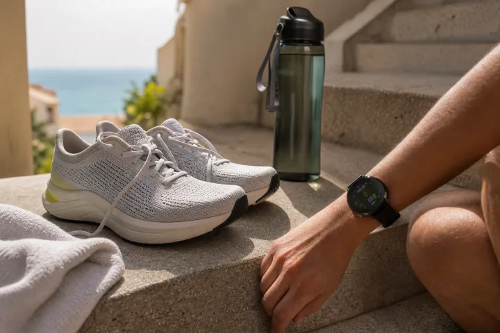 Scarpe leggere, borraccia e smartwatch su un pianerottolo dopo una breve sessione sulle scale.