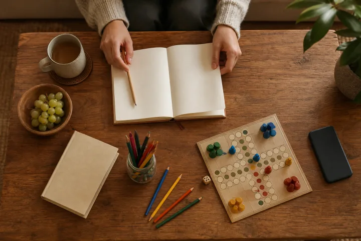 mani che sistemano un quaderno, matite, libro e gioco da tavolo su un tavolino di legno con telefono spento a lato