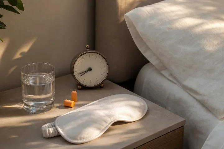 Comodino ordinato con mascherina per dormire, tappi morbidi, acqua e sveglia analogica accanto a lenzuola neutre.