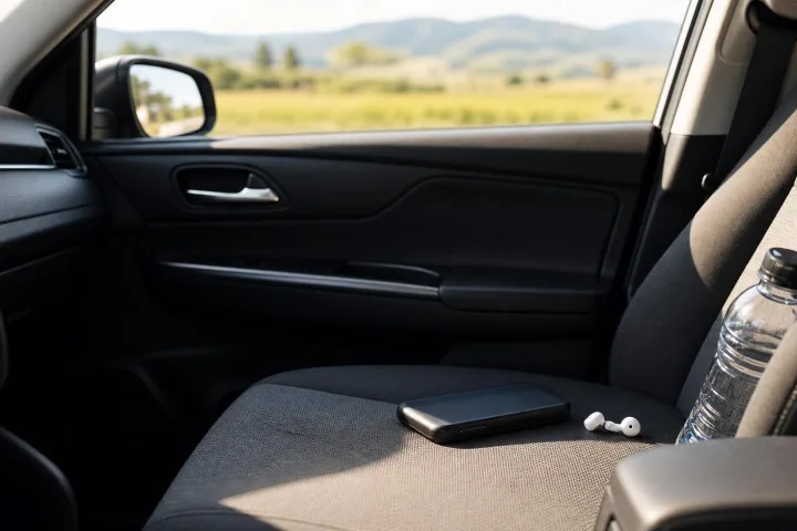 Smartphone appoggiato su un sedile d’auto accanto ad auricolari e borraccia durante un viaggio di giorno.