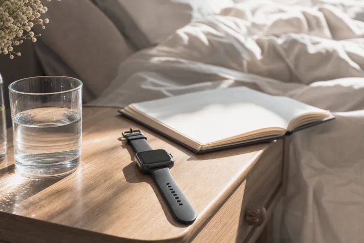 smartwatch senza logo su un comodino luminoso accanto a un quaderno bianco e a un bicchiere d'acqua.