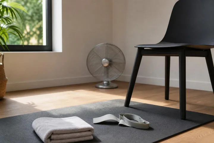 Tappetino, elastico e sedia stabile preparati in un soggiorno luminoso per una breve sessione di movimento in casa