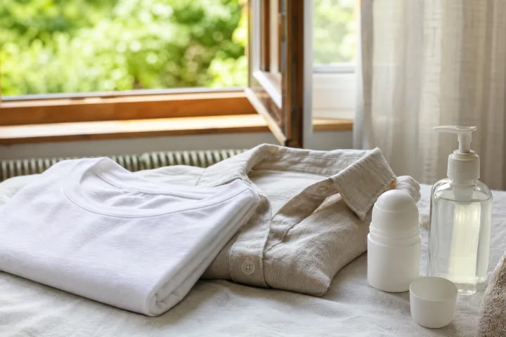 maglietta di cotone chiara e camicia di lino piegate vicino a deodorante neutro e detergente senza etichette