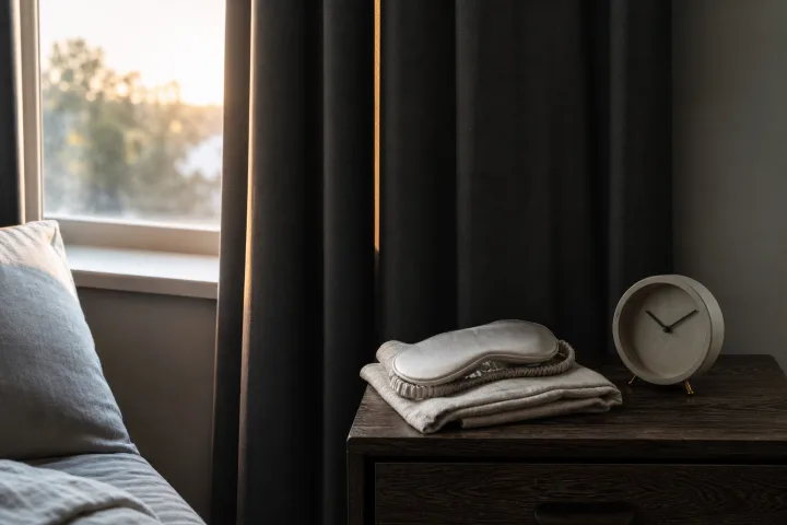 tende oscuranti parzialmente chiuse con luce dell'alba ai bordi e mascherina da sonno su un comodino.