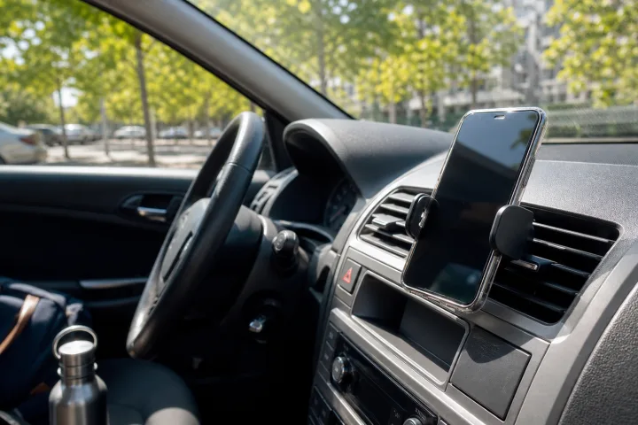 smartphone su supporto auto vicino a una bocchetta di ventilazione in una giornata estiva.