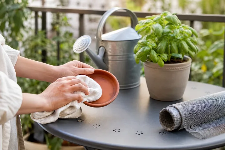 sottovaso asciugato su un balcone con piante aromatiche e annaffiatoio in una giornata estiva
