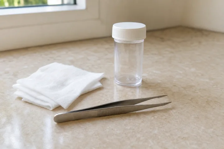 Pinzette pulite e materiale per disinfettare su un piano chiaro dopo una passeggiata