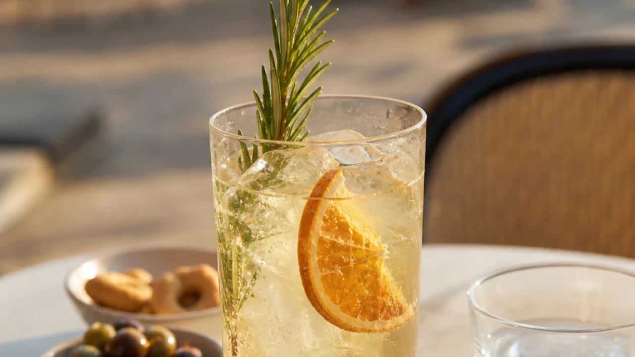 Bicchiere di aperitivo analcolico con ghiaccio e agrumi su un tavolino all'aperto.
