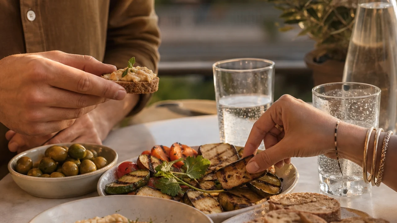 Terrazza estiva con tavolo da aperitivo, verdure, crostini e bicchieri d’acqua al tramonto.