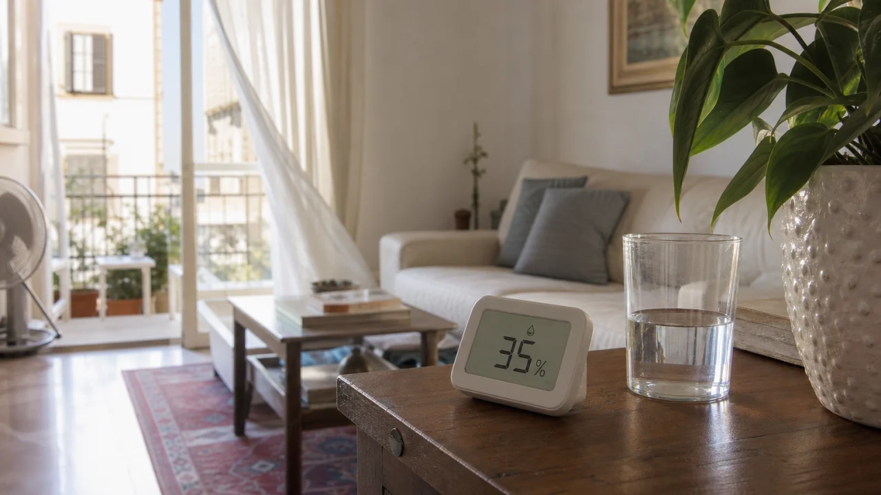 Soggiorno estivo con igrometro su tavolino e tende mosse da una lieve ventilazione.