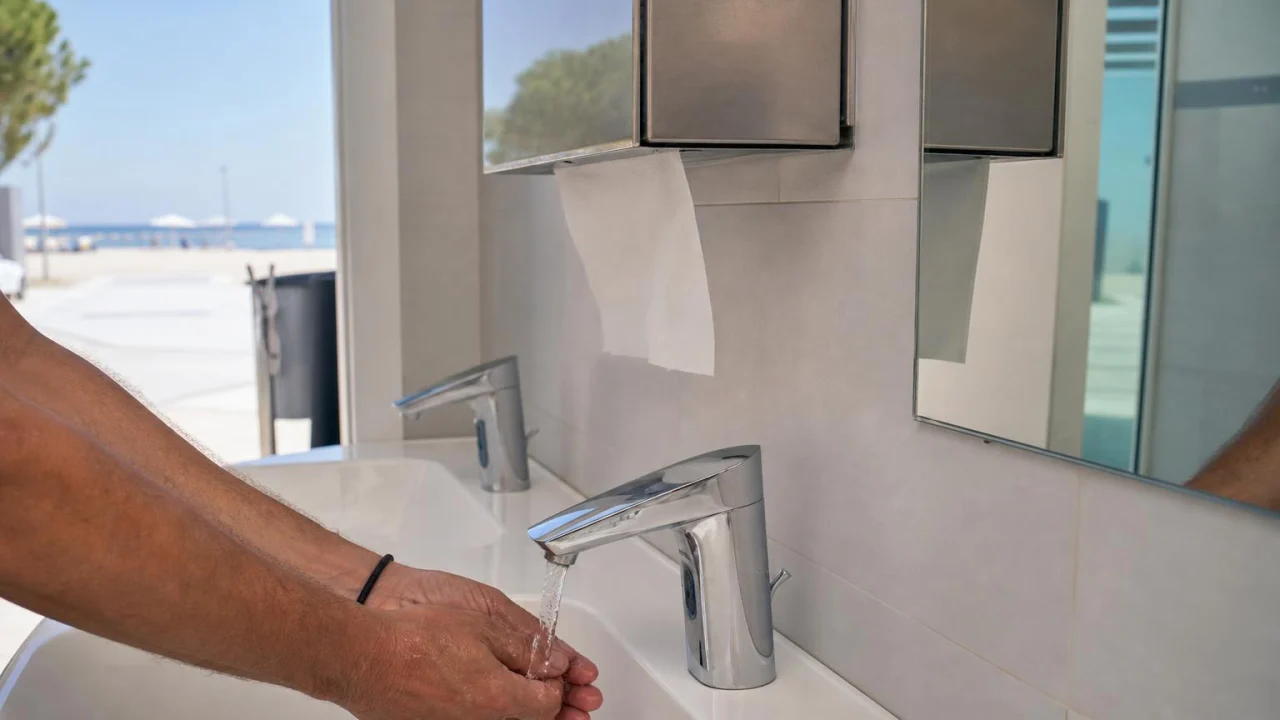 Mani lavate sotto acqua corrente nel lavandino di un bagno pubblico pulito.