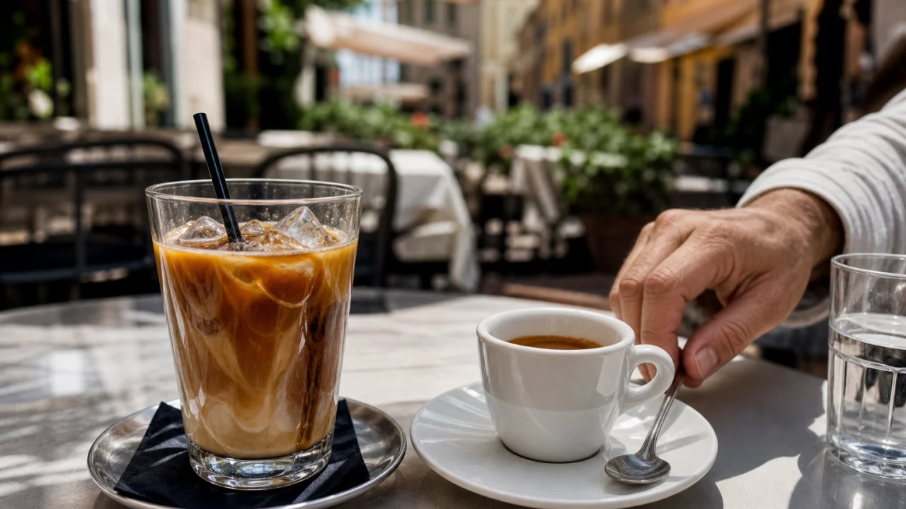 Bicchiere di caffè freddo con ghiaccio su un tavolino estivo all'aperto.