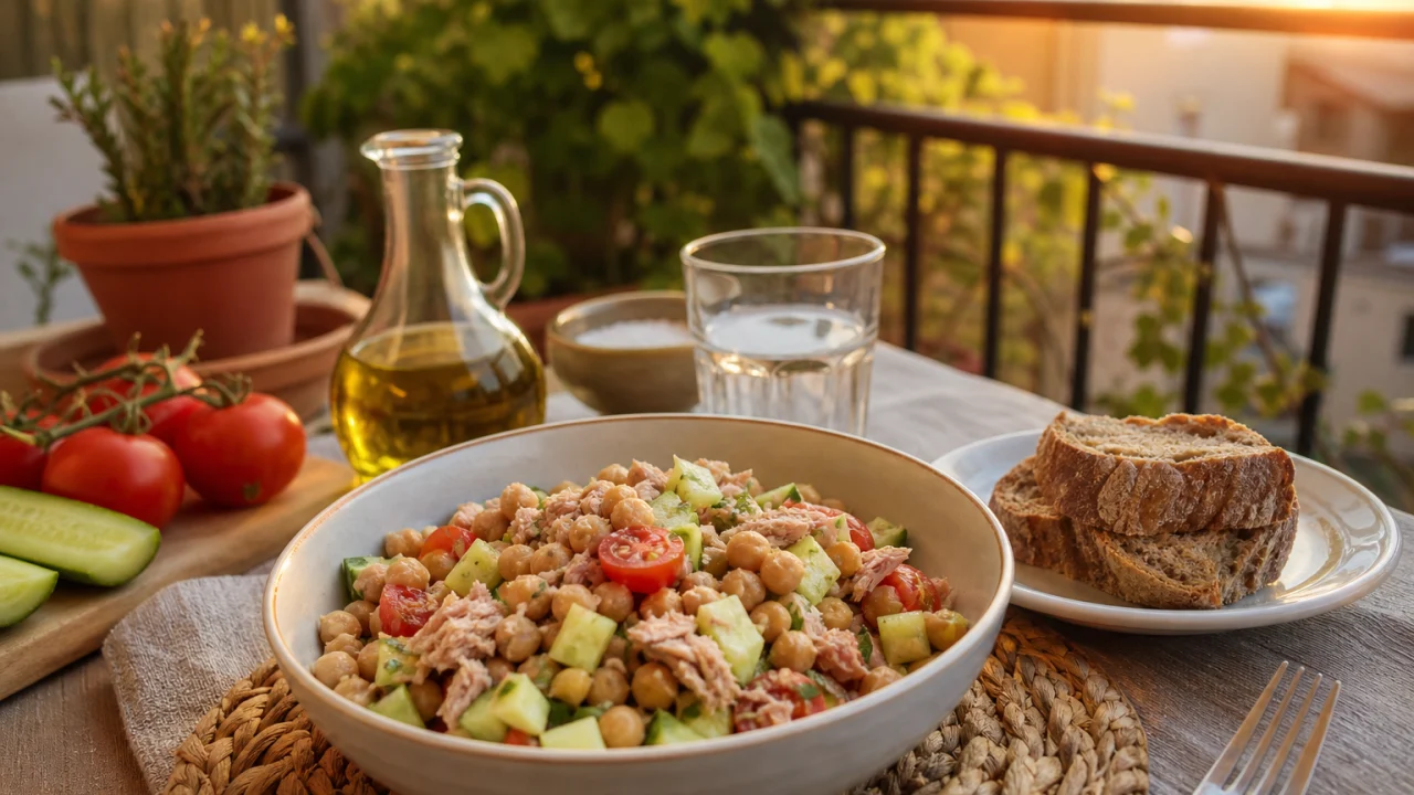 Tavolo estivo con ciotola di ceci, tonno, pomodori, pane integrale, olio e bicchiere d'acqua al tramonto.