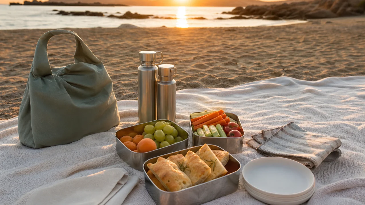 Cena fredda ordinata su un telo da spiaggia pulito con contenitori, frutta e borracce al tramonto.