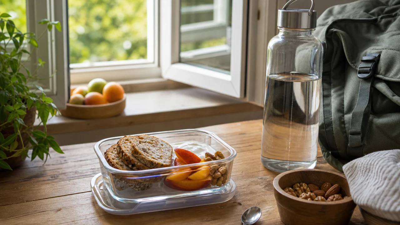 Colazione da gita con yogurt, pane integrale, frutta, borraccia e zaino su un tavolo illuminato da luce naturale.