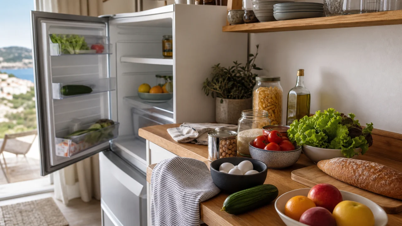 Piccola cucina di casa vacanza con frigorifero aperto e ingredienti estivi disposti sul piano.