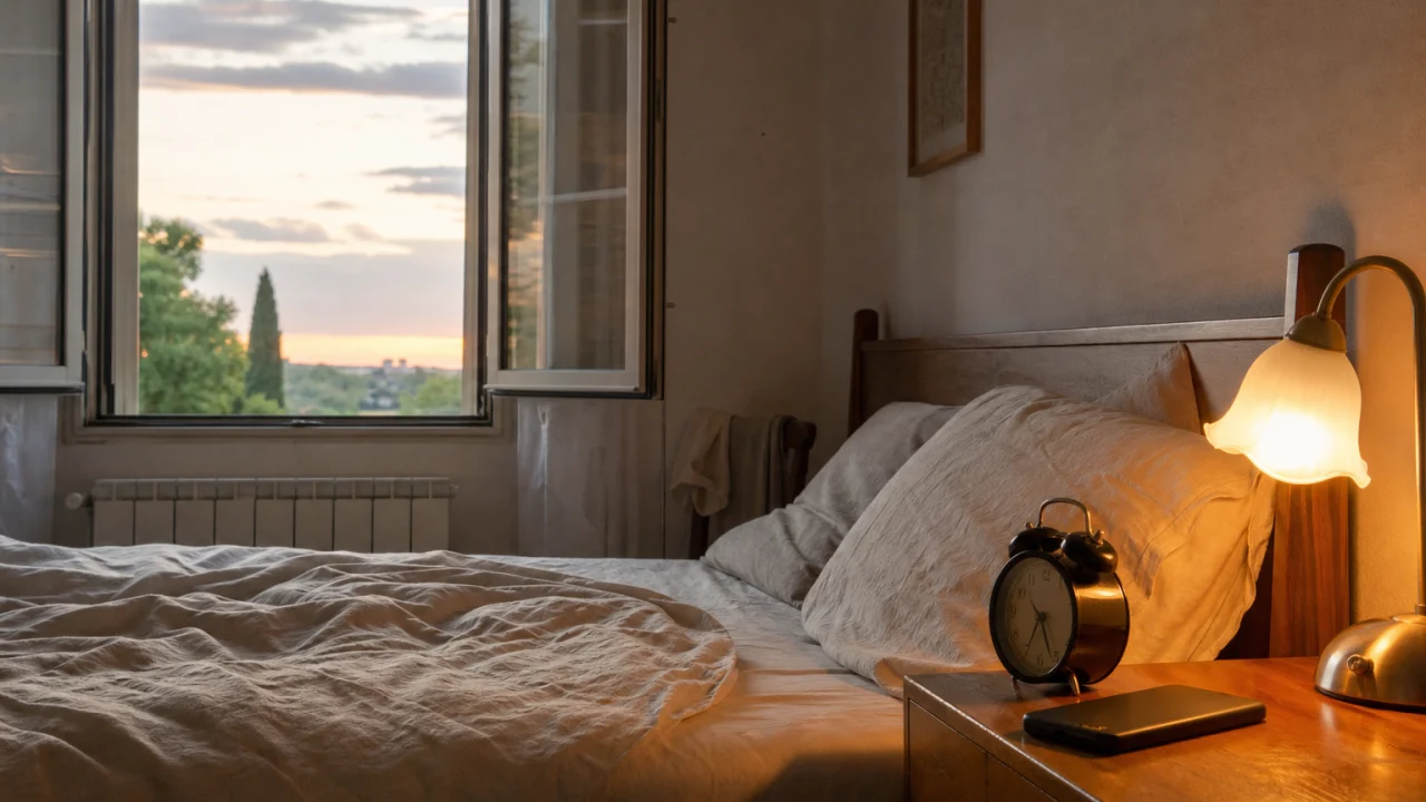 Camera da letto estiva al tramonto con lampada calda, sveglia analogica e telefono girato sul comodino.
