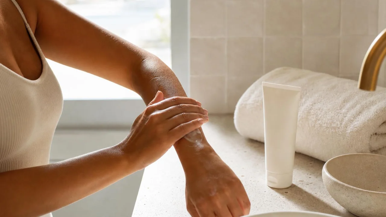 Mani applicano una crema corpo su un avambraccio dopo una giornata estiva al sole.