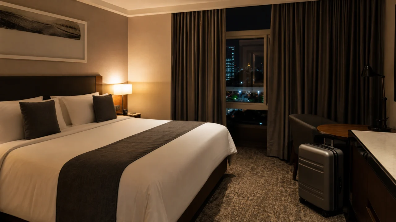 Camera di hotel ordinata con letto pronto, tende oscuranti e luce calda da comodino.