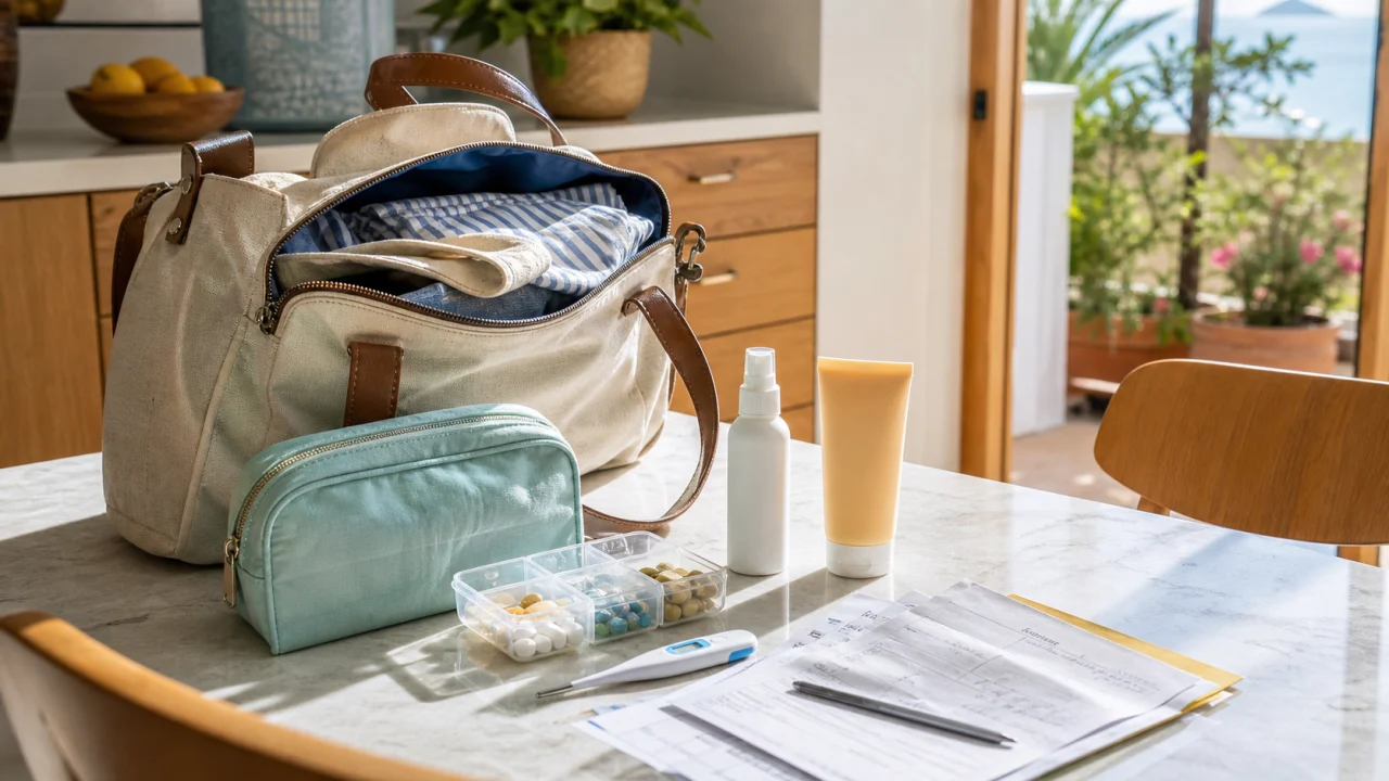 Kit di farmaci da viaggio su un tavolo luminoso accanto a borsa e documenti.