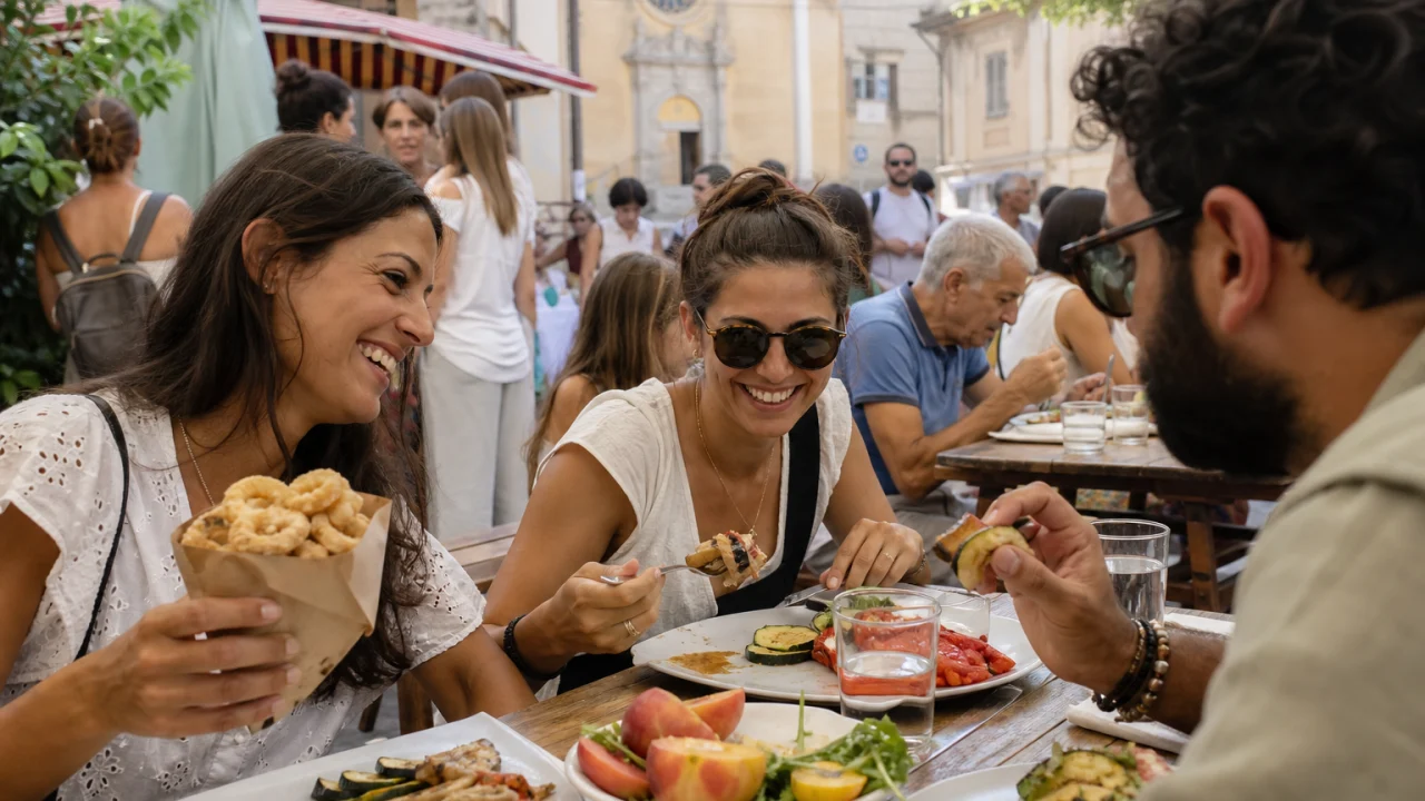 Persone sedute a tavoli all'aperto durante una sagra estiva con piatti semplici e bicchieri d'acqua.