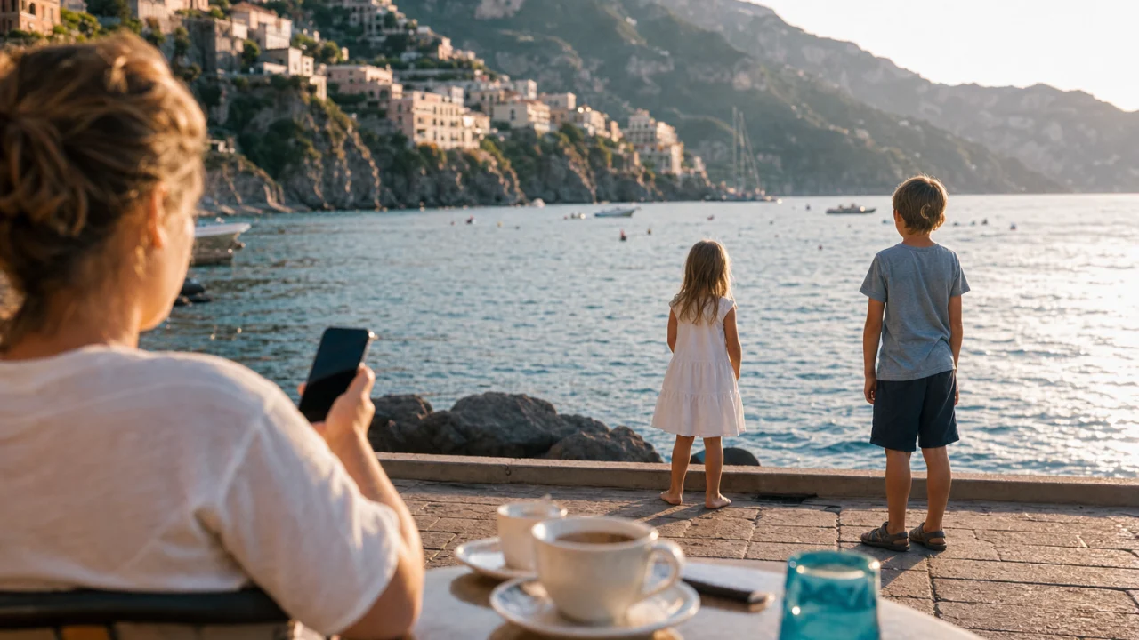 Genitore con smartphone su una passeggiata al mare mentre due bambini osservano il paesaggio di spalle.