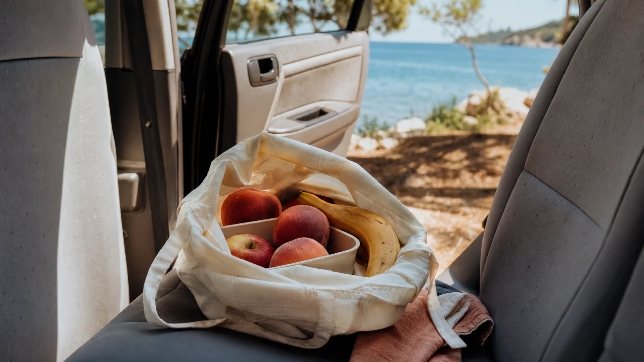 Borsa con frutta intera sul sedile di un’auto aperta in una giornata estiva.