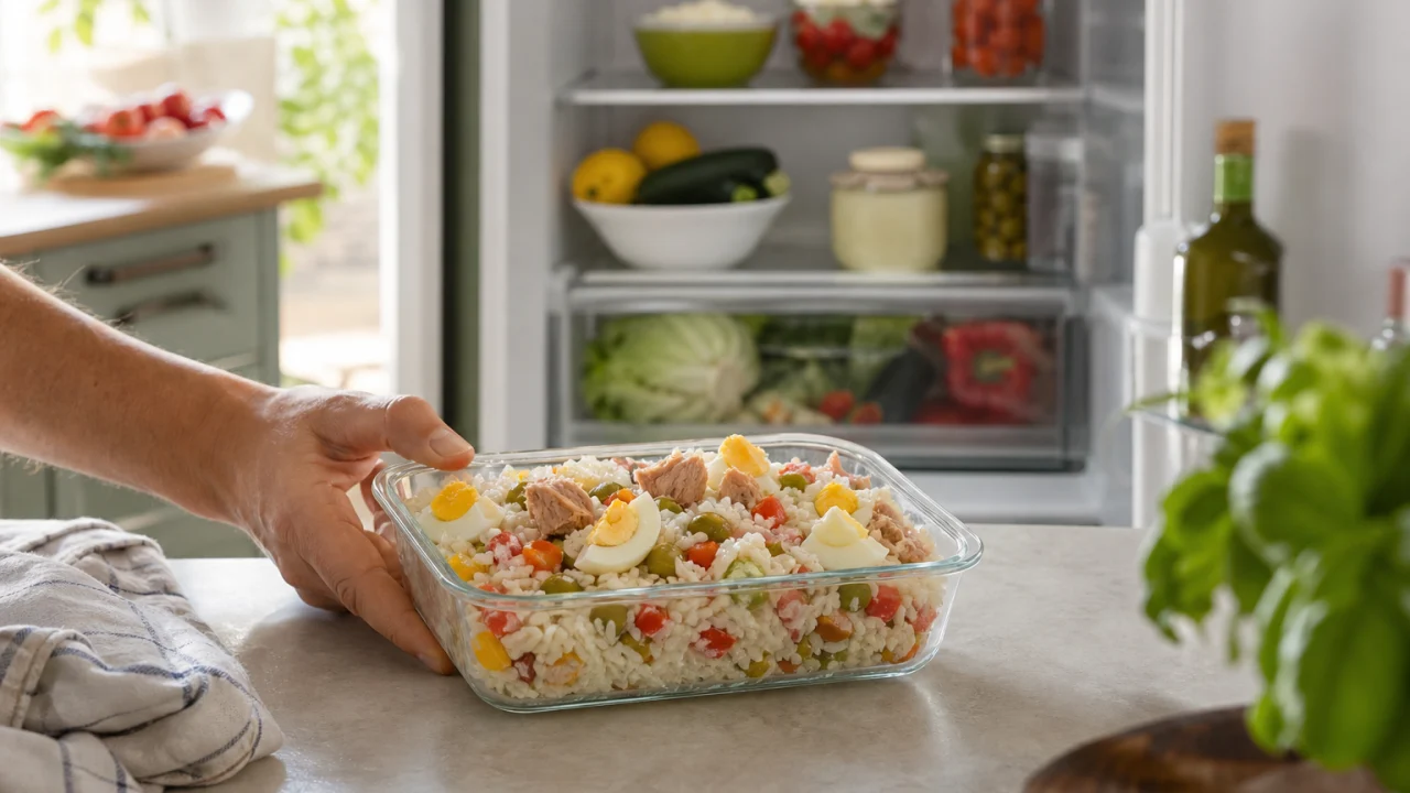 Contenitore di insalata di riso avanzata vicino a un frigorifero aperto in una cucina luminosa.