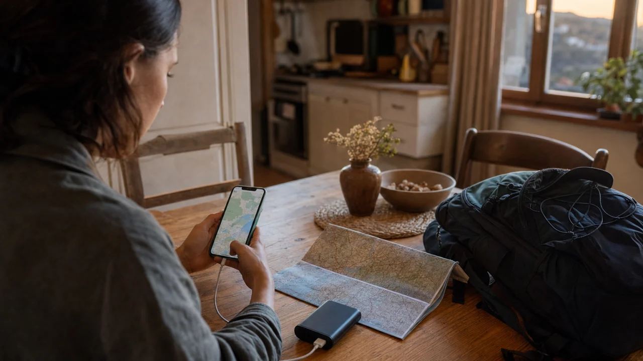 Telefono su un tavolo con mappa piegata, power bank e zaino pronti per una gita.