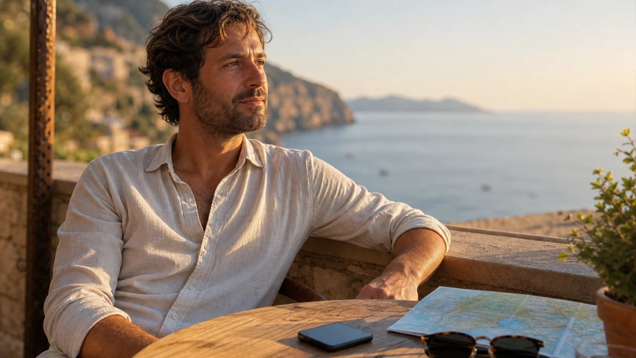 Viaggiatrice seduta su una terrazza al mare con smartphone capovolto, occhiali da sole e mappa sul tavolo.