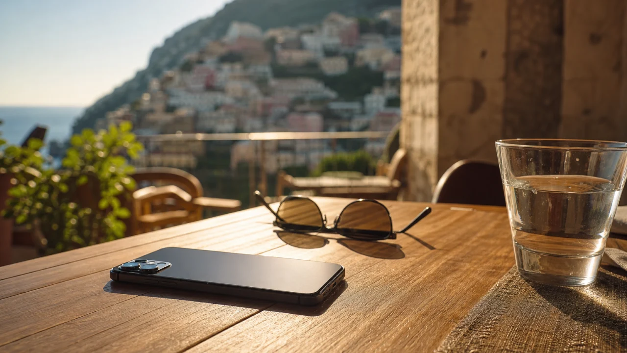 Smartphone appoggiato a faccia in giù su un tavolo estivo in terrazza.