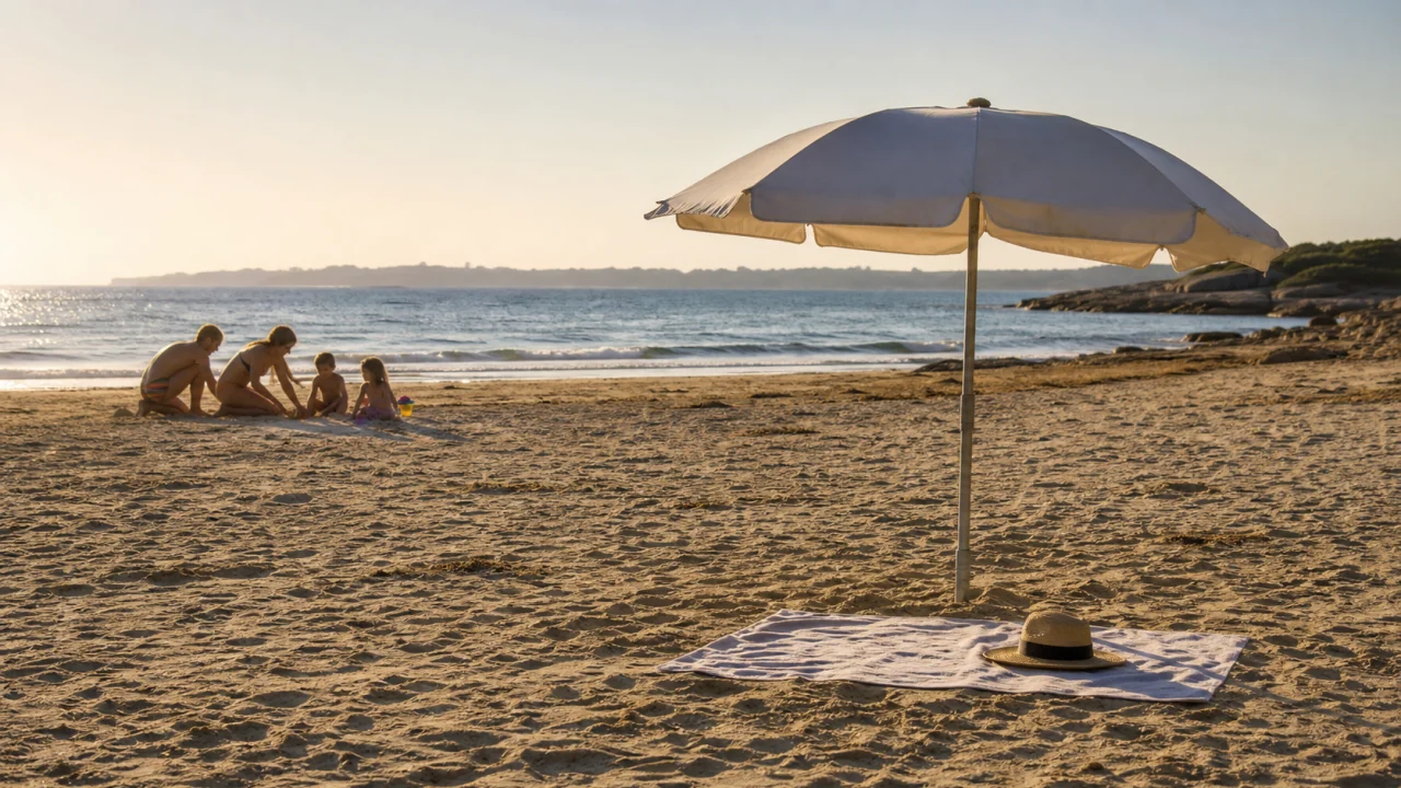 Ombrellone aperto su una spiaggia luminosa con telo e cappello nella zona d'ombra vicino al mare.