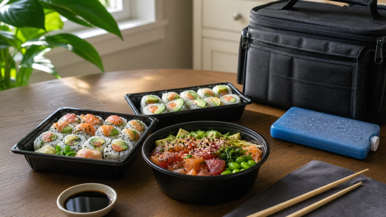 Sushi e poke delivery su un tavolo con borsa termica e luce estiva naturale.