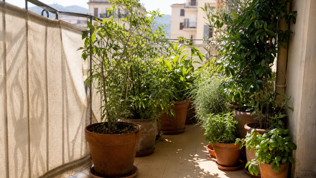 Balcone estivo con vasi di piante verdi in ombra parziale.