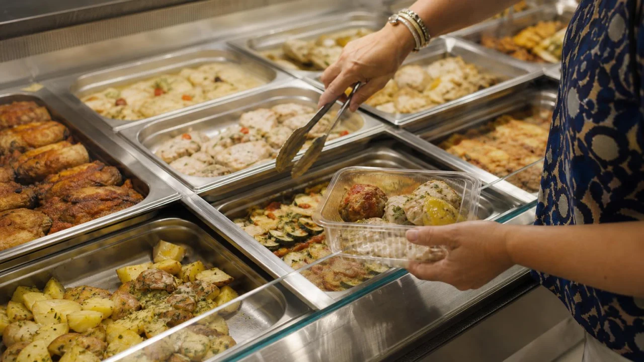 Banco gastronomia caldo di supermercato con vaschette e cliente davanti alla vetrina.
